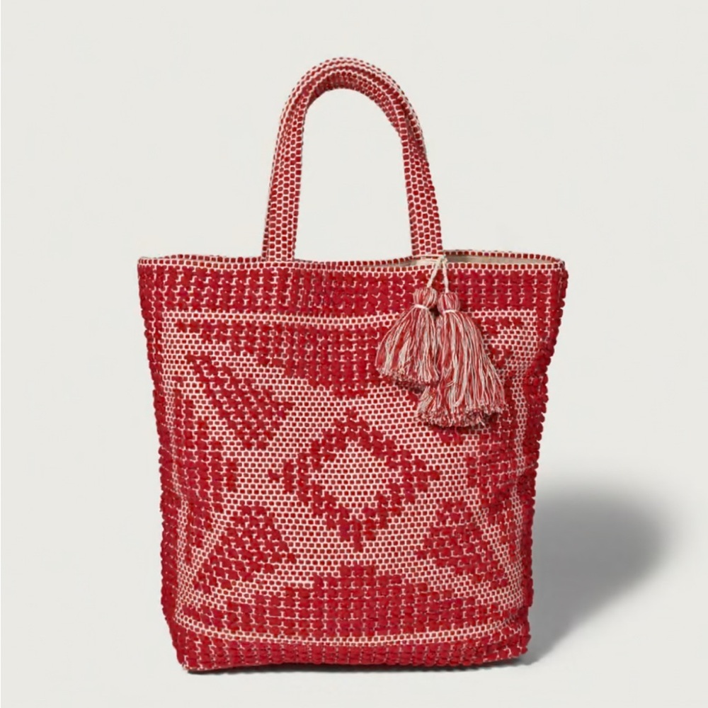 Abercrombie & Fitch Red and Cream Woven Tote with Tassel Accent